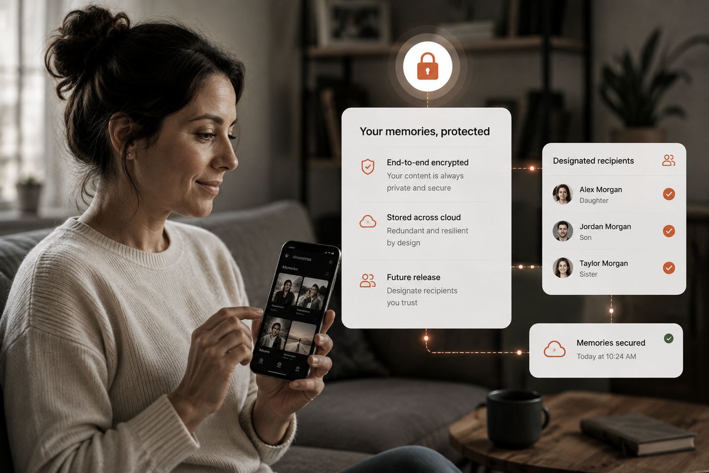 Digital Legacy Platform Consumer managing encrypted digital memories and scheduled content release in a secure app.