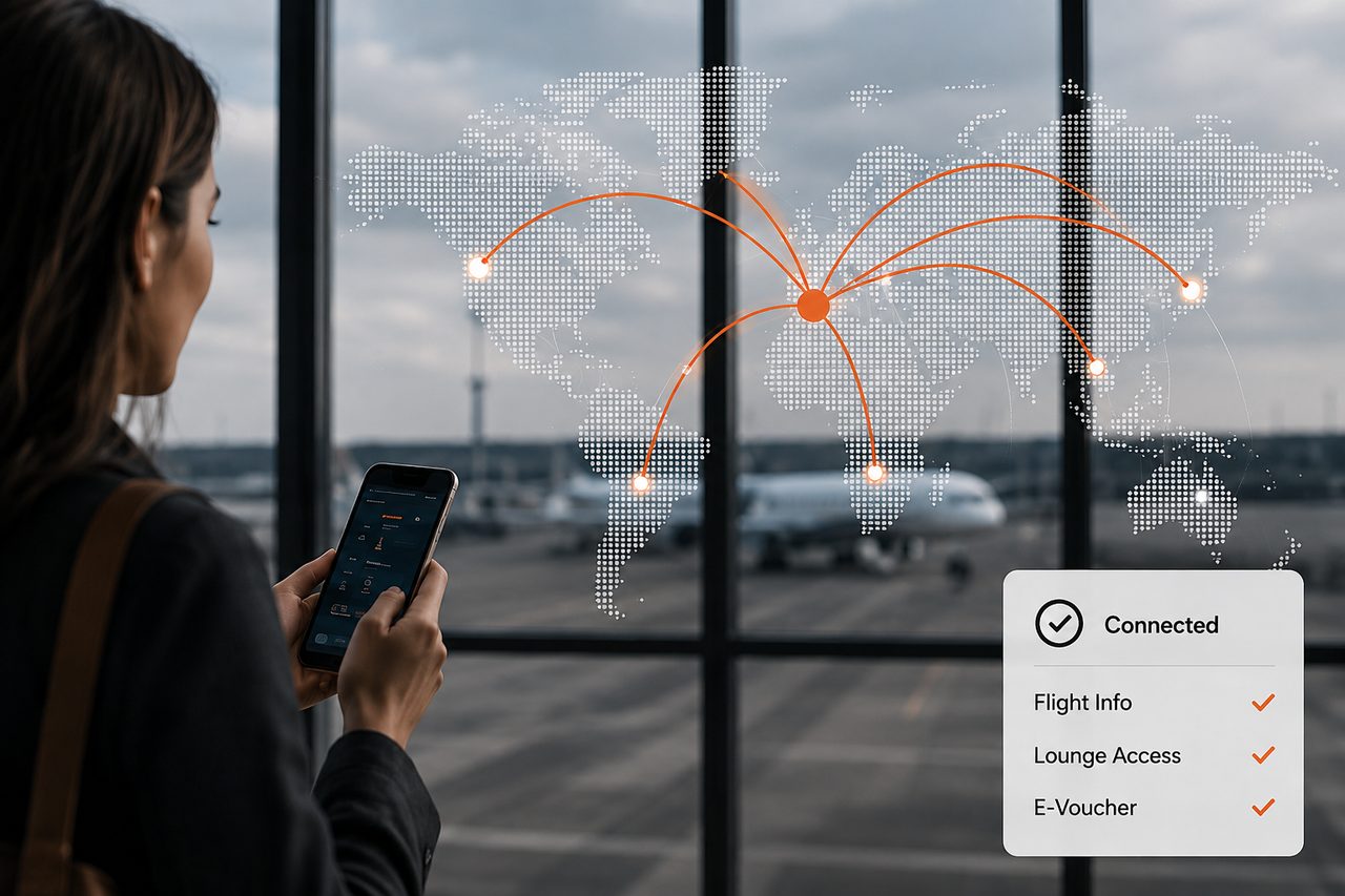 Travel API Platform Airport traveller using a mobile app linked to travel APIs and digital loyalty services.