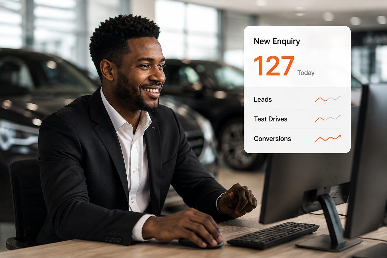 Enterprise Automotive Lead Management Platform Automotive sales consultant managing customer enquiries in a digital lead management platform.