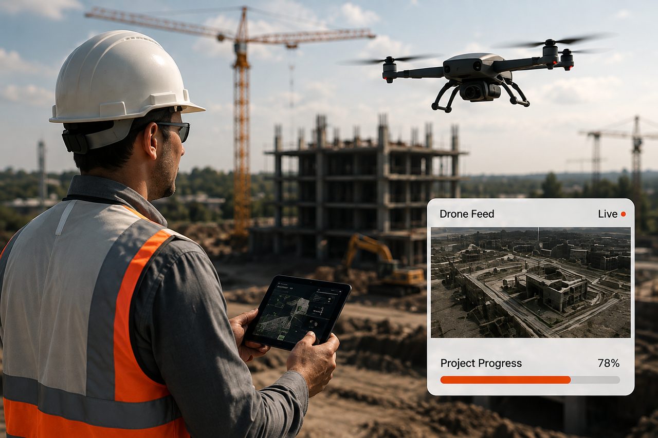 Construction Digital Twin Platform Construction engineer monitoring a drone-powered digital twin of a live building project.