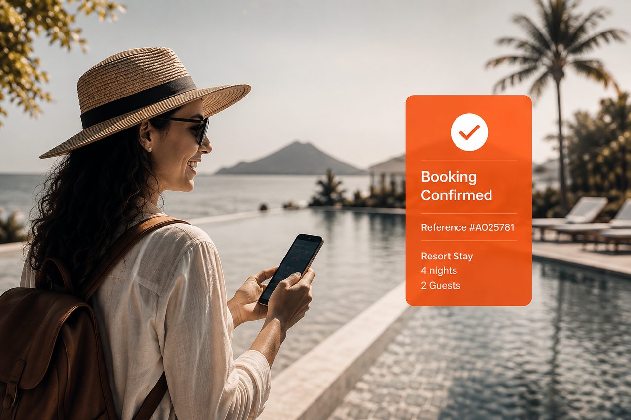 Hospitality Booking Platform | AO Customer Success Business traveller using a mobile hospitality booking platform at an island resort.